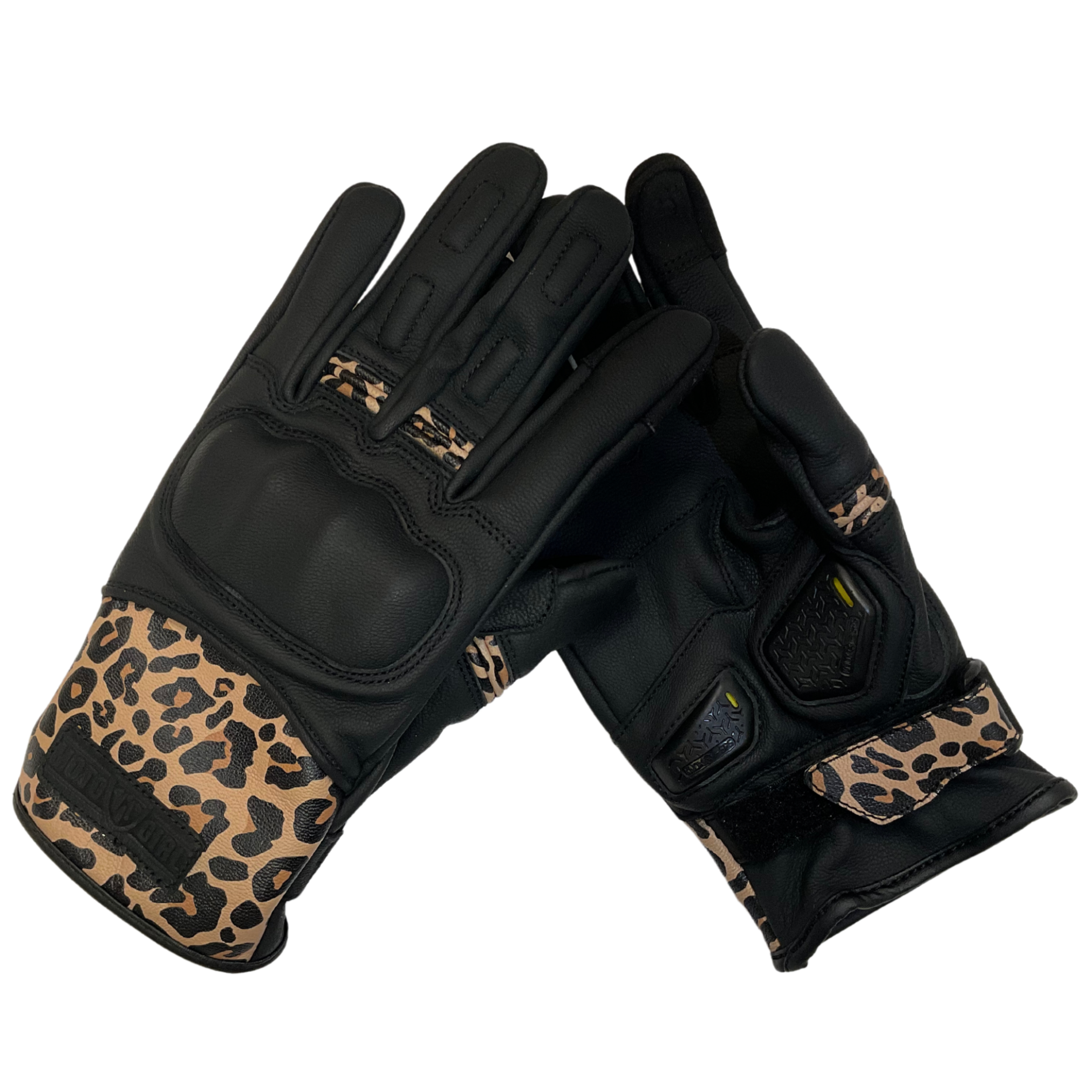 Black women's motorcycle gloves with colourful leopard skin details and  with paw print details on the index and middle fingers.