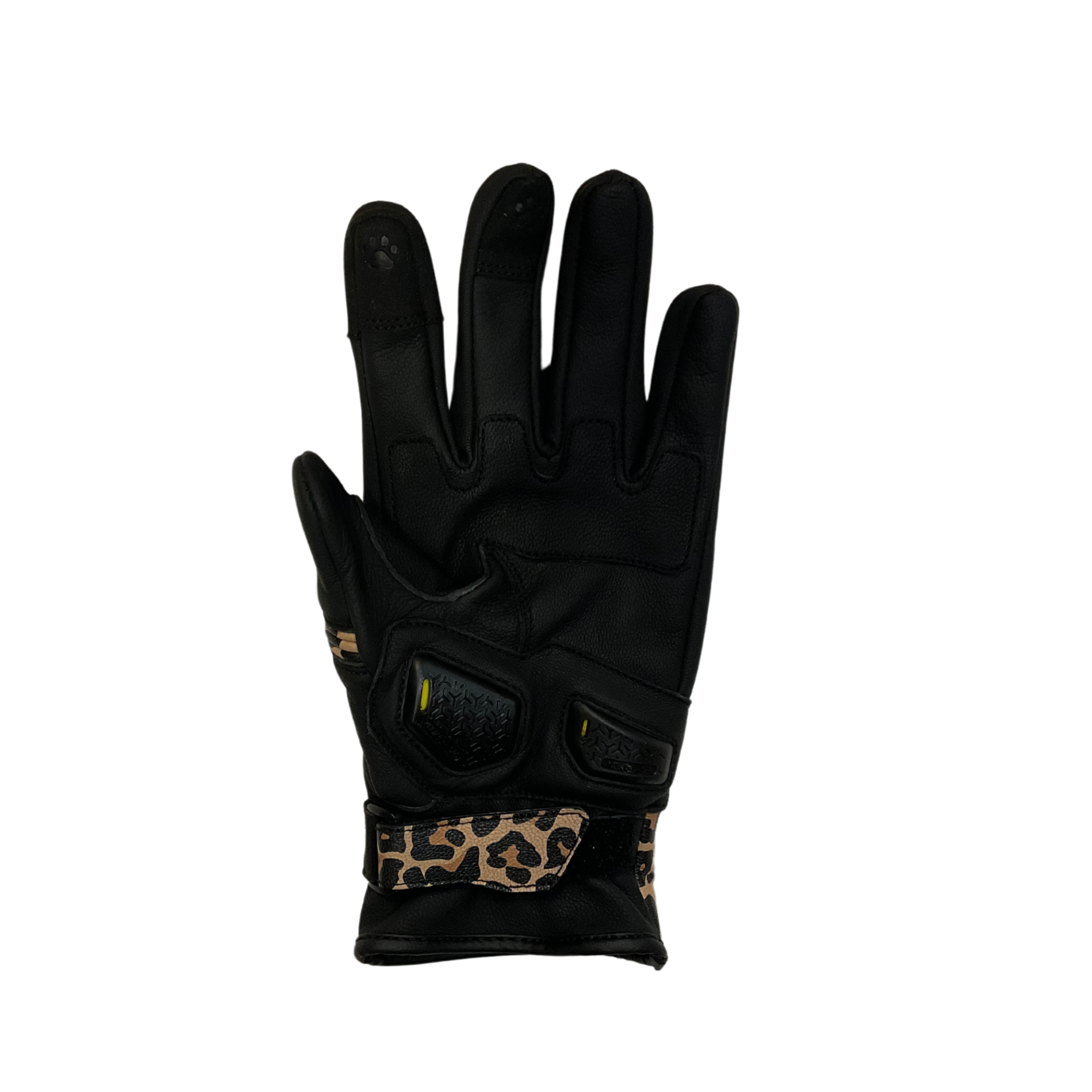 a palm of Black women's motorcycle glove with colourful leopard skin details and  with paw print details on the index and middle fingers.