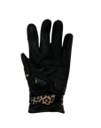 a palm of Black women's motorcycle glove with colourful leopard skin details and  with paw print details on the index and middle fingers.