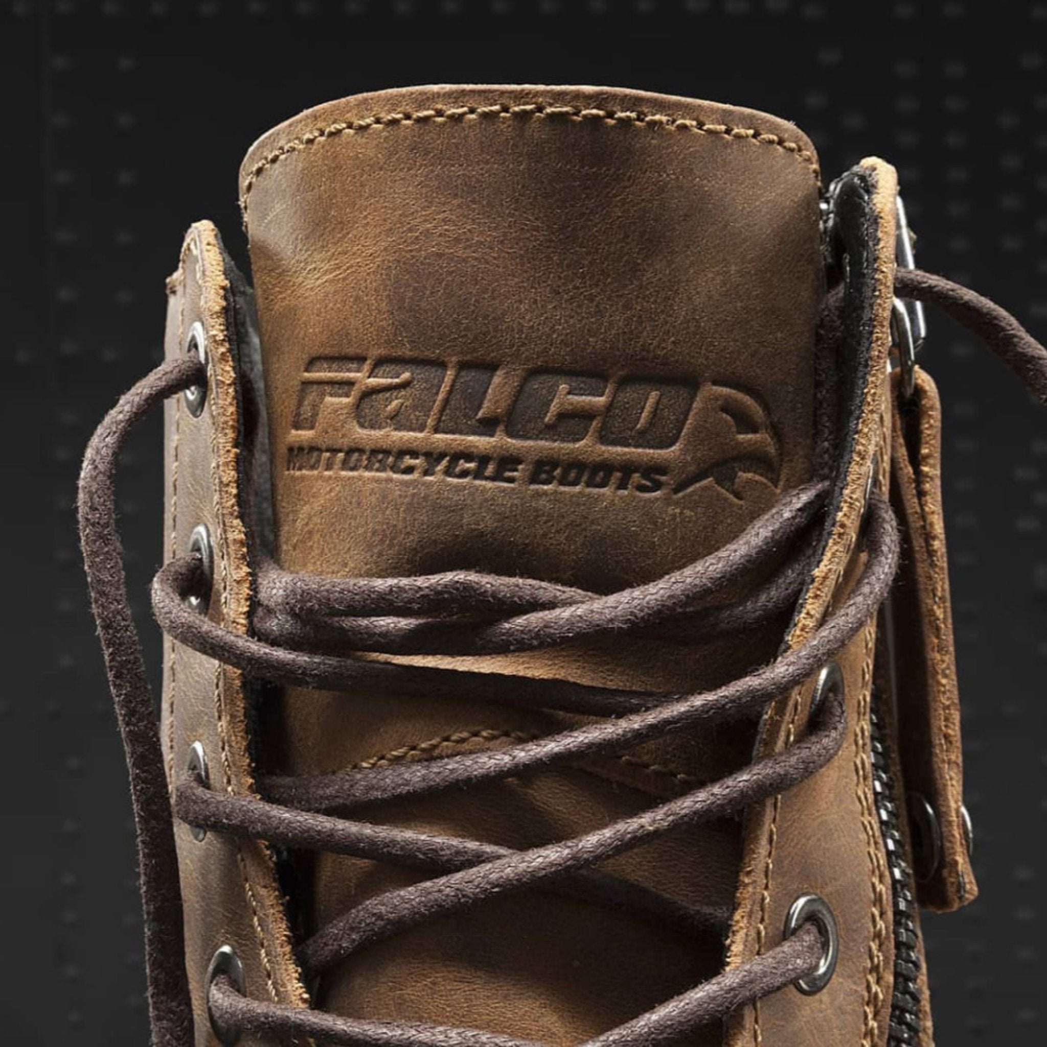 a close up of the brown leather  falco motorcycle boot