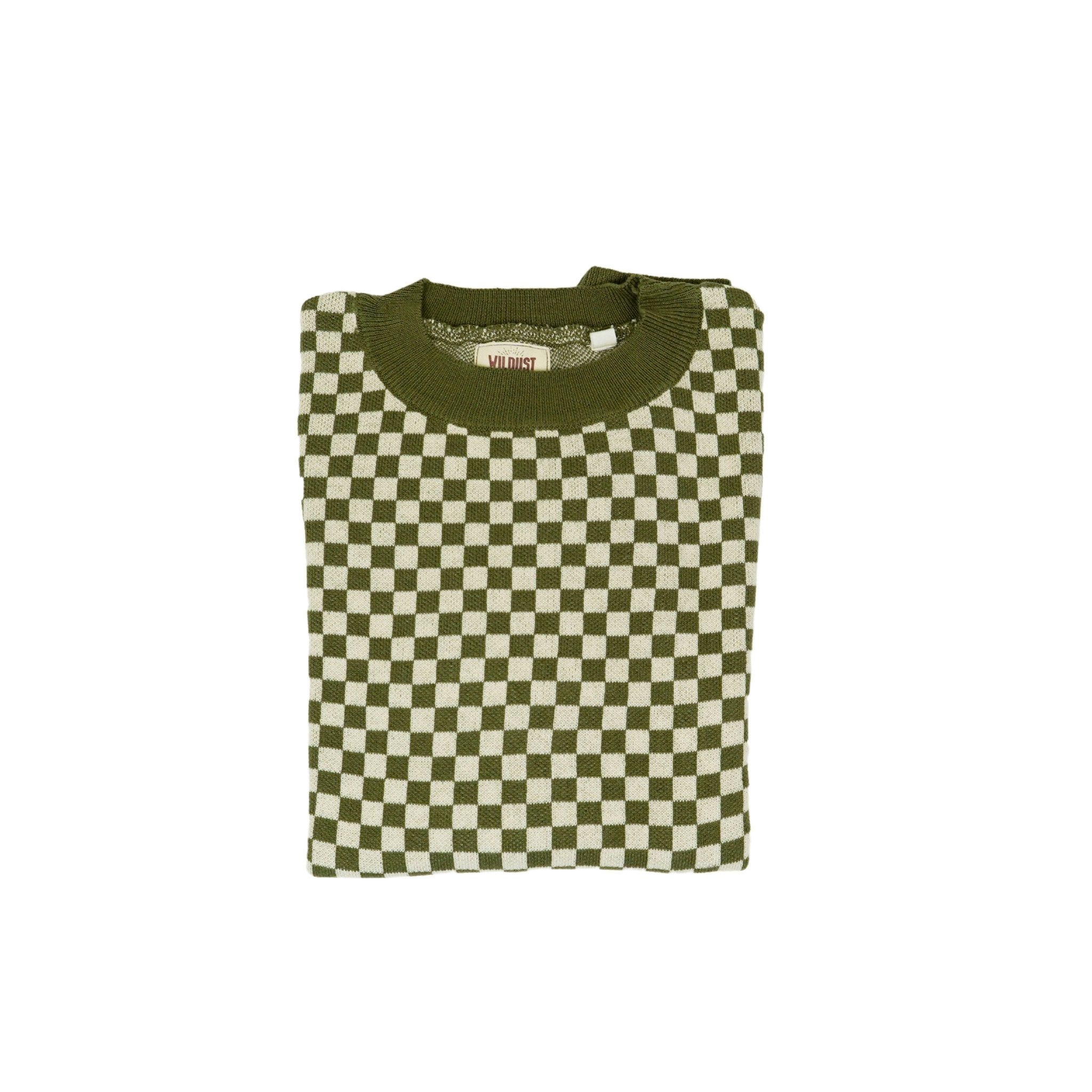  a knitted khaki green and white jumper with chessboard motives  from Wildust