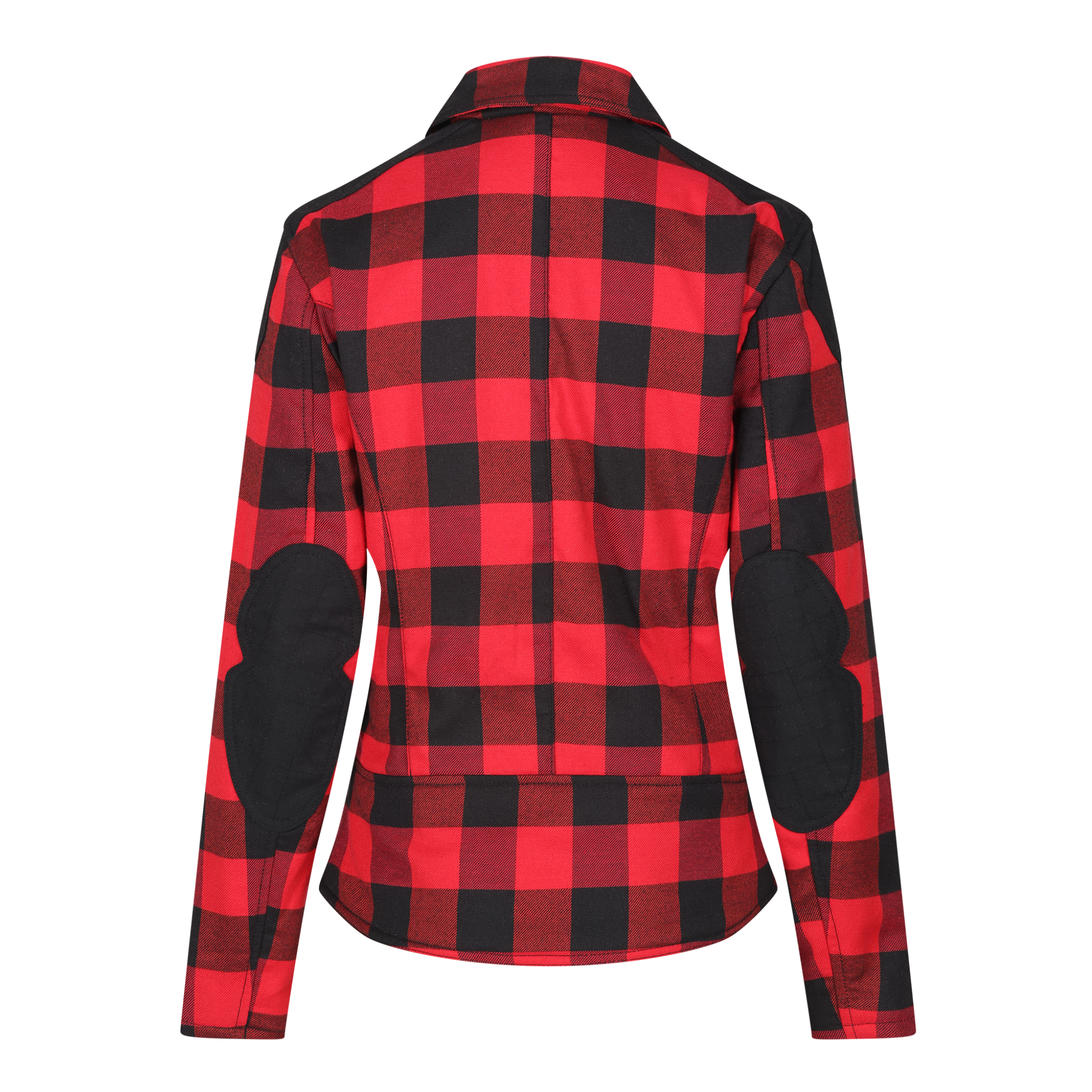 back of red and black flannel style women&#39;s jacket from moto girl