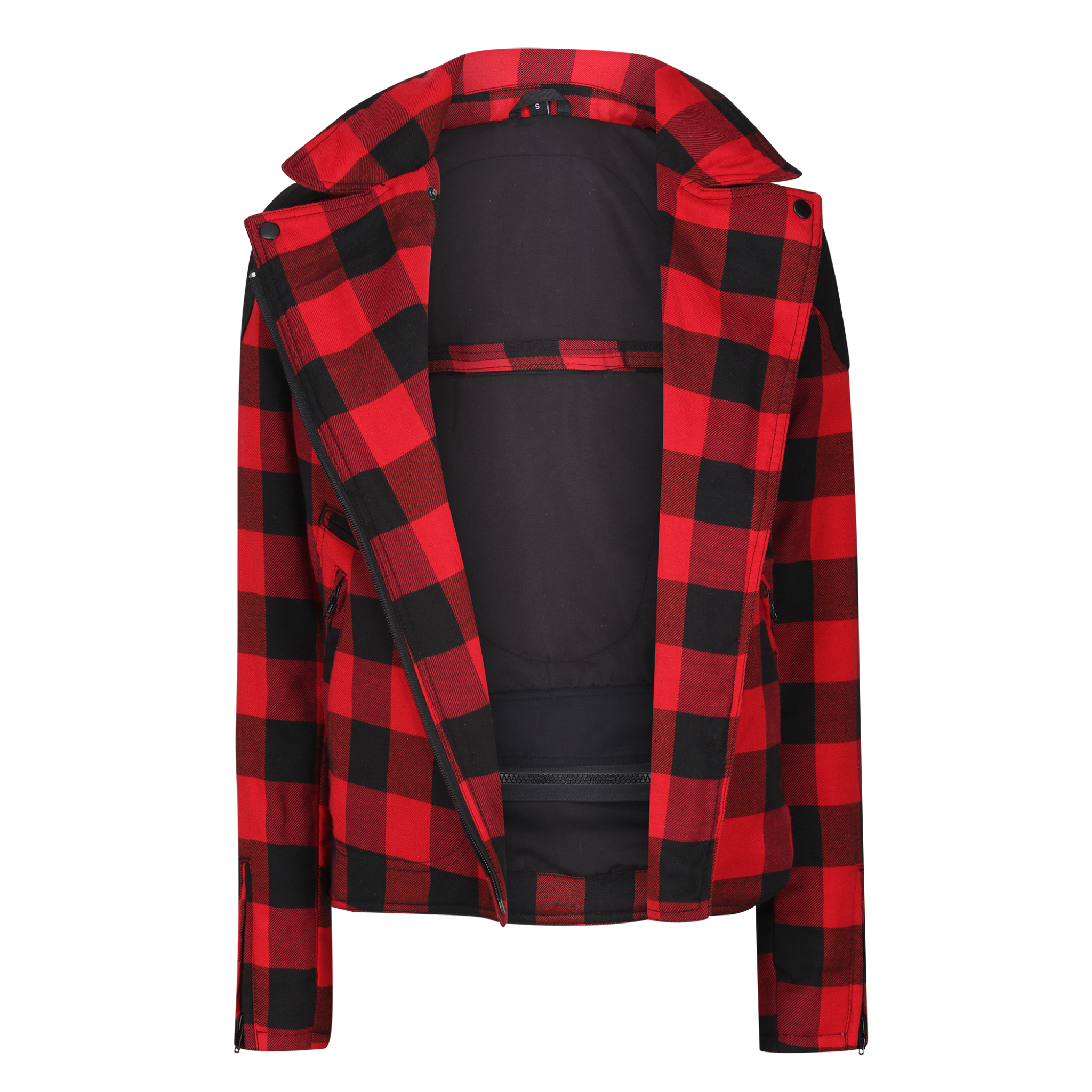 unzipped red and black flannel style women's jacket with front side zipper and triangle collar