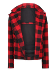 unzipped red and black flannel style women's jacket with front side zipper and triangle collar