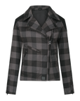 Black & grey flannel style women's jacket with front side zipper and triangle collar