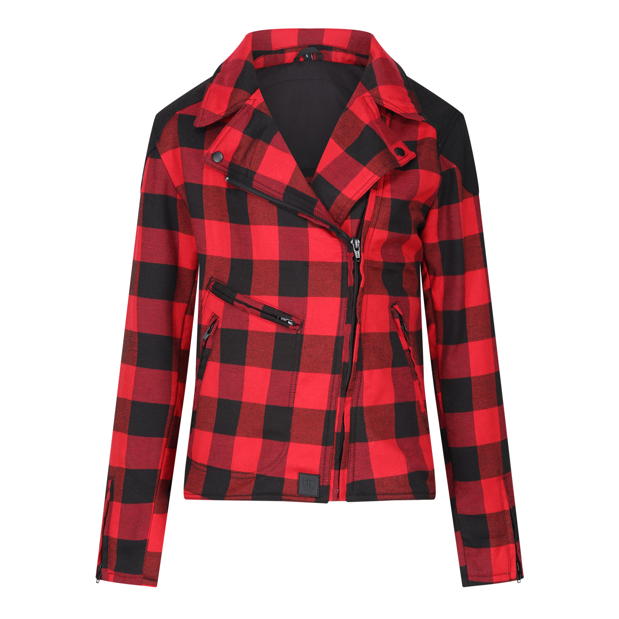 red and black flannel style women&#39;s jacket with front side zipper and triangle collar