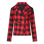 red and black flannel style women's jacket with front side zipper and triangle collar