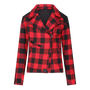 red and black flannel style women's jacket with front side zipper and triangle collar