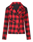 red and black flannel style women's jacket with front side zipper and triangle collar