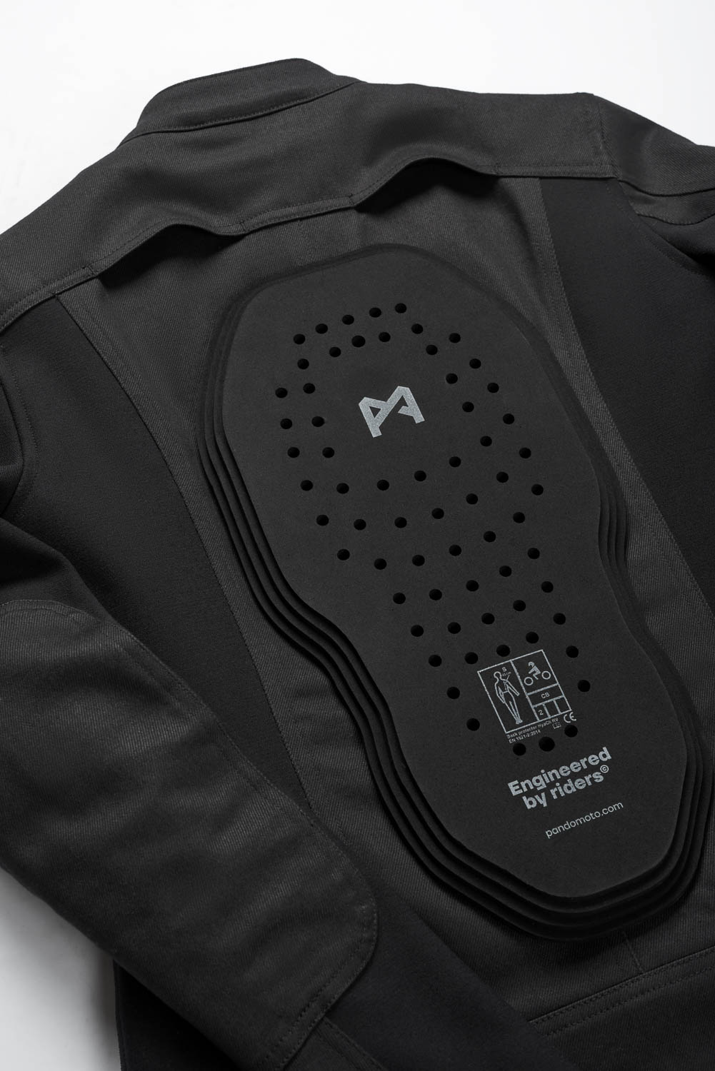 Black protective jacket with a visible brand logo on a white background