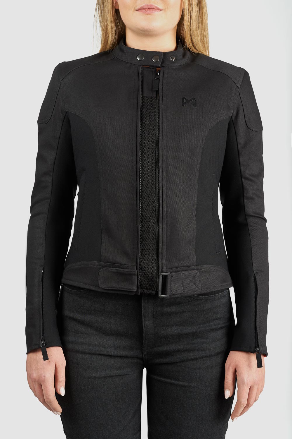 Black jacket worn by a person on a white background