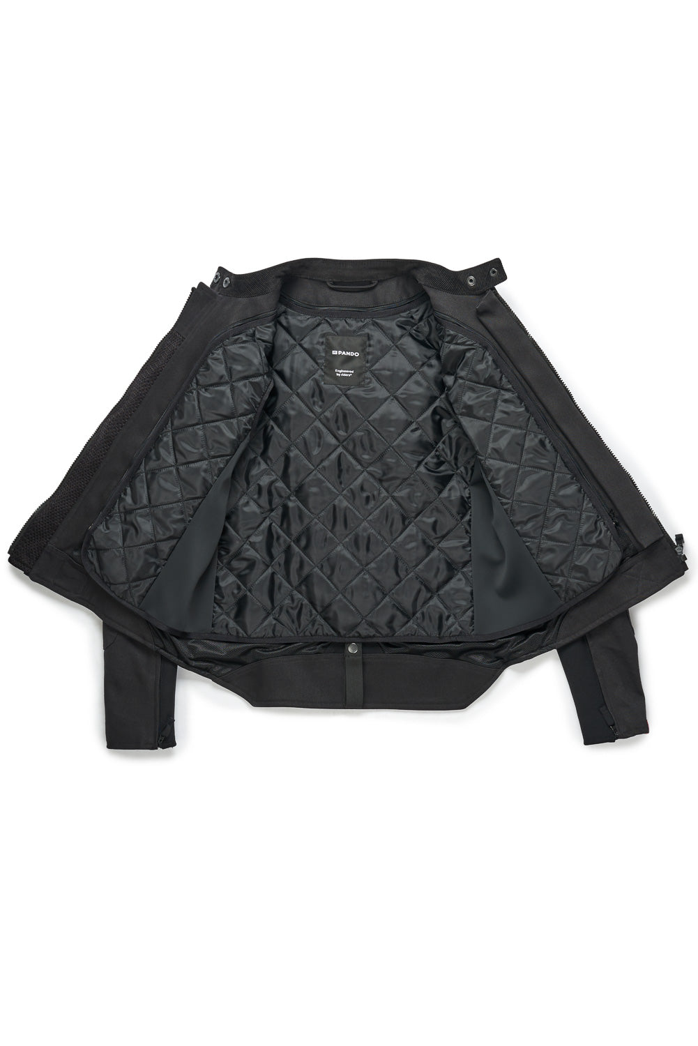 Black quilted jacket on a white background