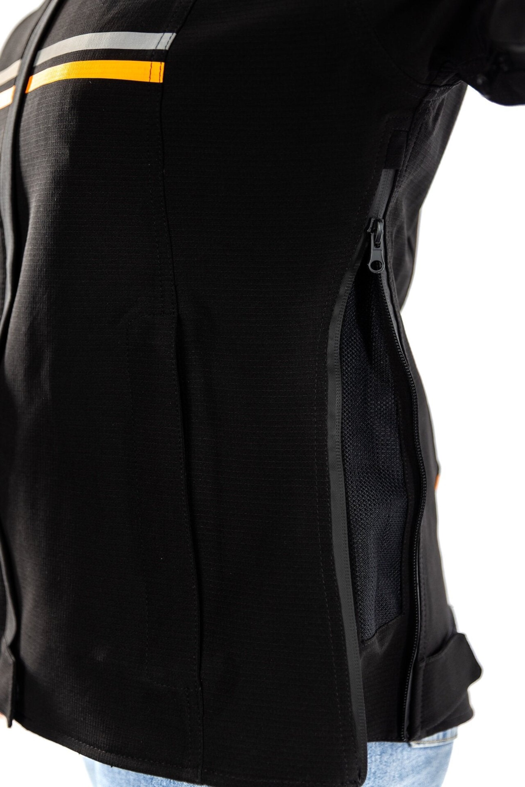 side zip on black textile mc jacket with orange and grey details