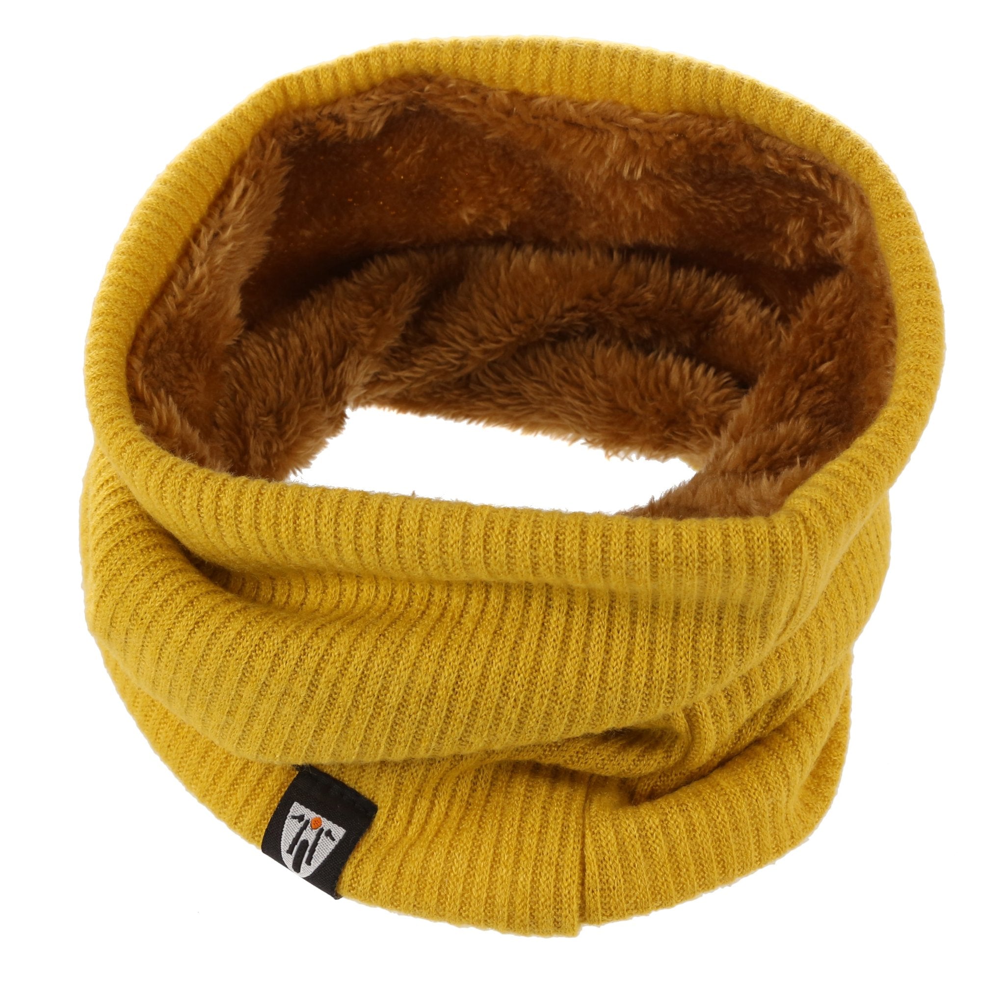 Knitted yellow neck warmer with grey fake fur inside from moto girl