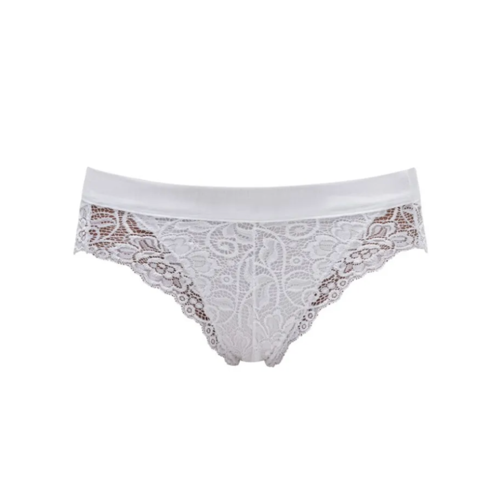 close-up of the front of a white high-hip briefs with lace inserts  details from Tramonte.