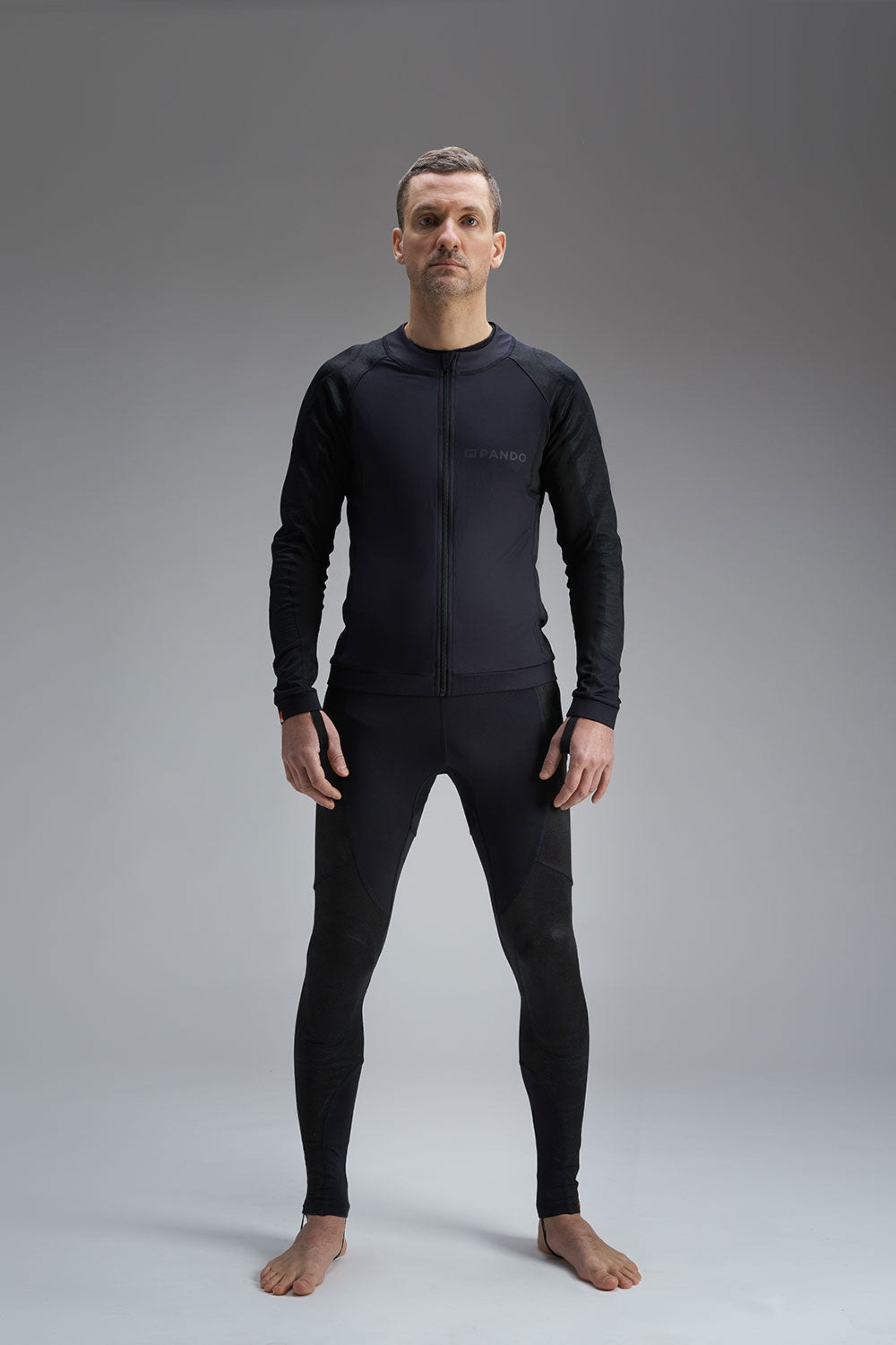 a man wearing Pando Moto black base layer shirt and leggings 