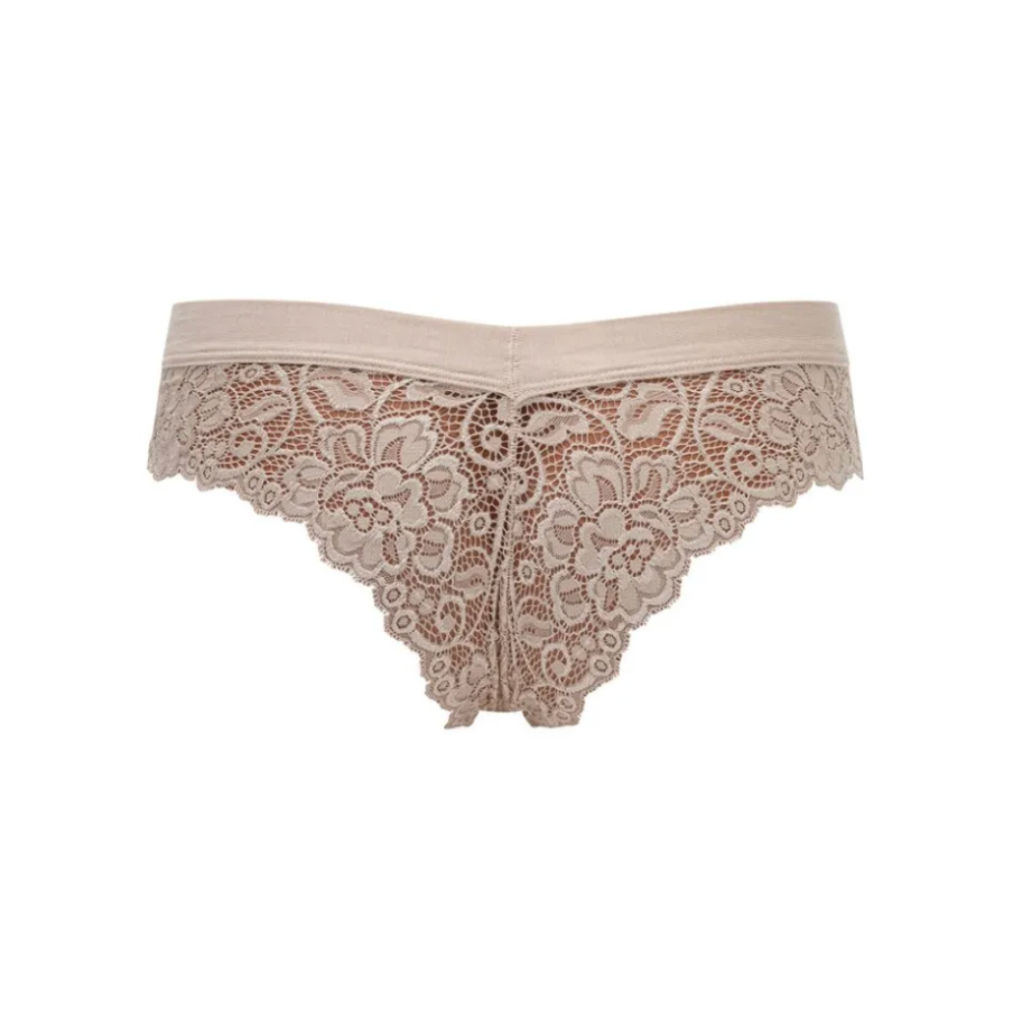 Close-up of the back of a nude-colored Brazilian brief with lace flounce details  from Tramonte.