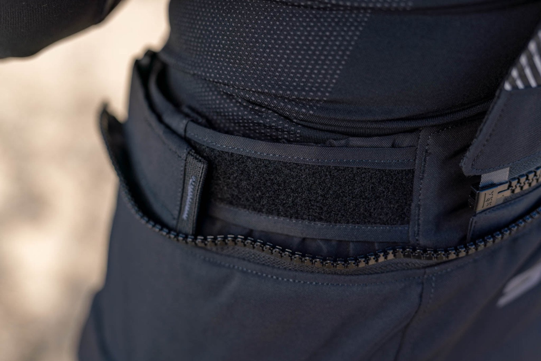 velcro waist belt on the touring motorcycle pants