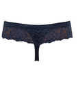 Close-up shot of the back of dark blue thongs featuring lace waistband details from Tramonte.