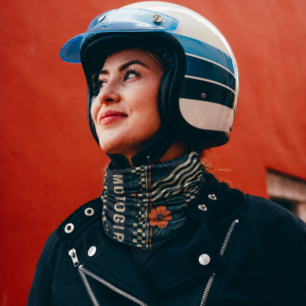 woman motorcyclists wearing motogirl bandana with flowers
