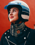 woman motorcyclists wearing motogirl bandana with flowers

