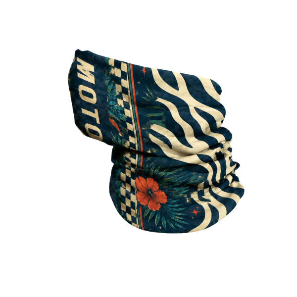A multicolor patterned neck gaiter featuring a mix of tropical floral designs, zebra stripes, checkered patterns, and the word 'MOTOGIRL' 