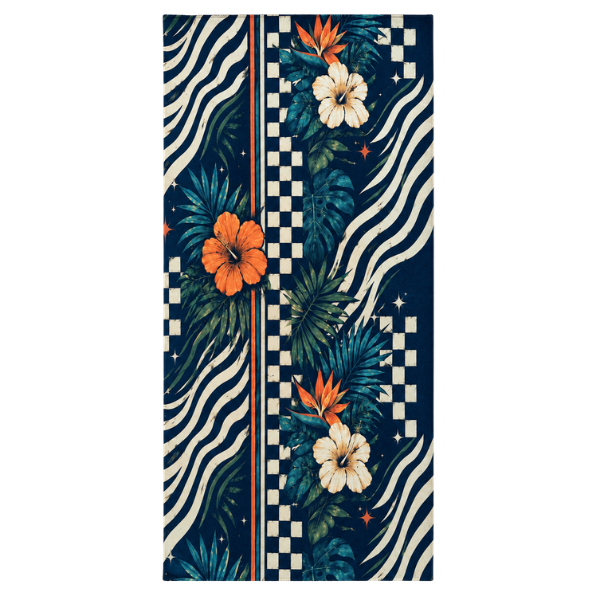 A vertical rectangular textile or print featuring a tropical pattern with teal and green palm leaves, orange and white hibiscus flowers, wavy cream stripes, checkerboard blocks, and small star accents on a dark navy background.