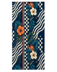 A vertical rectangular textile or print featuring a tropical pattern with teal and green palm leaves, orange and white hibiscus flowers, wavy cream stripes, checkerboard blocks, and small star accents on a dark navy background.