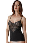 Dark-haired woman wearing a black-colored sleeveless tank top with lace V-neckline from Tramonte.