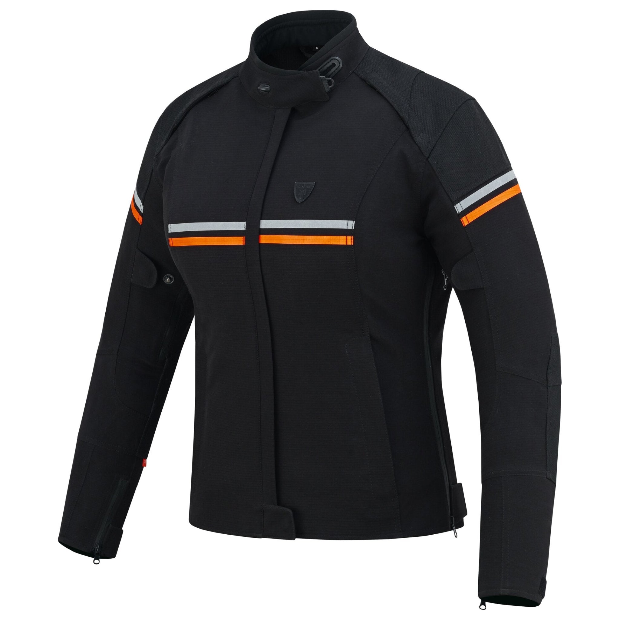 black textile mc jacket with orange and grey details