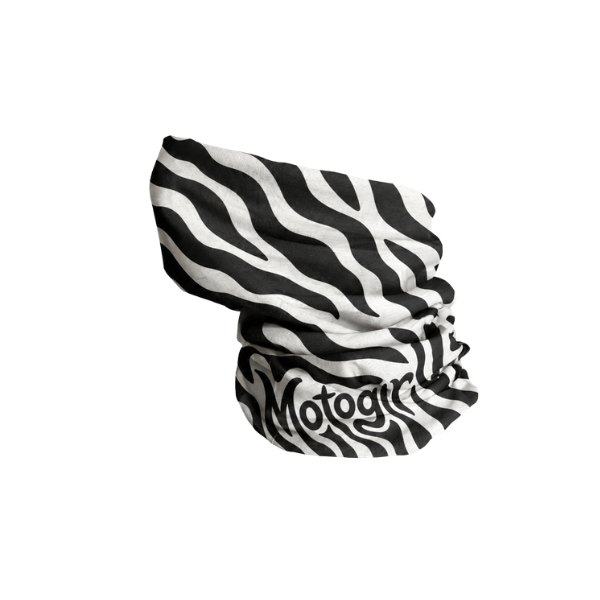 A black and white zebra-striped neck gaiter with the word 'Motogirl' printed in a stylized black font on the lower section, shown against a plain white background.