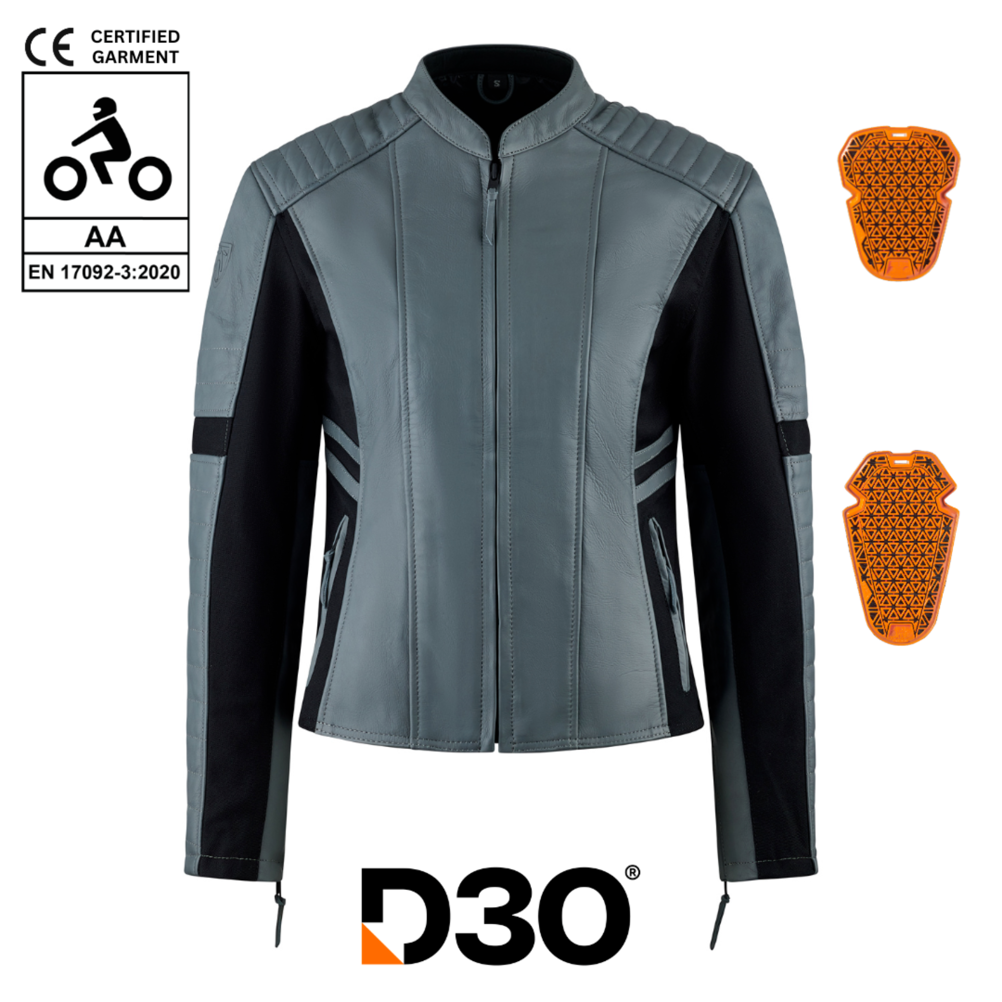 grey and black motorcycle leather jacket for women with front zipper and D3O protectors