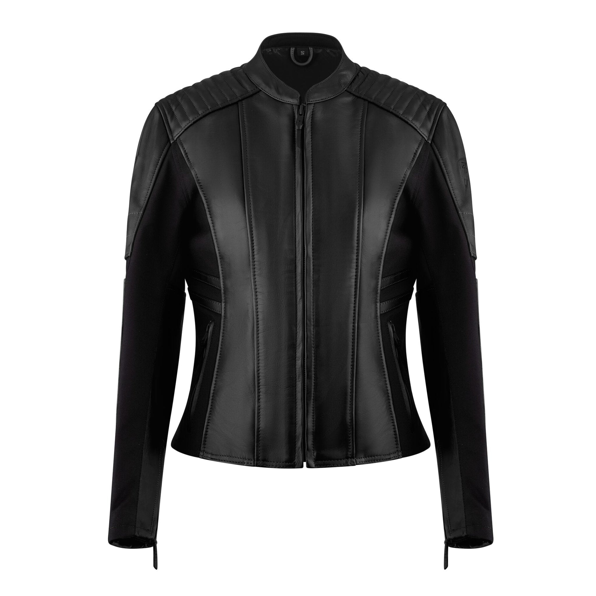 black leather motorcycle jacket with front zip
