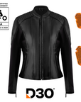 black leather motorcycle jacket with front zipper and D3O protectors