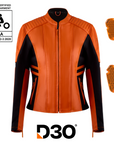 bright orange motorcycle leather jacket for women with front zipper and D3O protectors