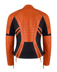 the back of bright orange motorcycle leather jacket for women with two hip zippers 