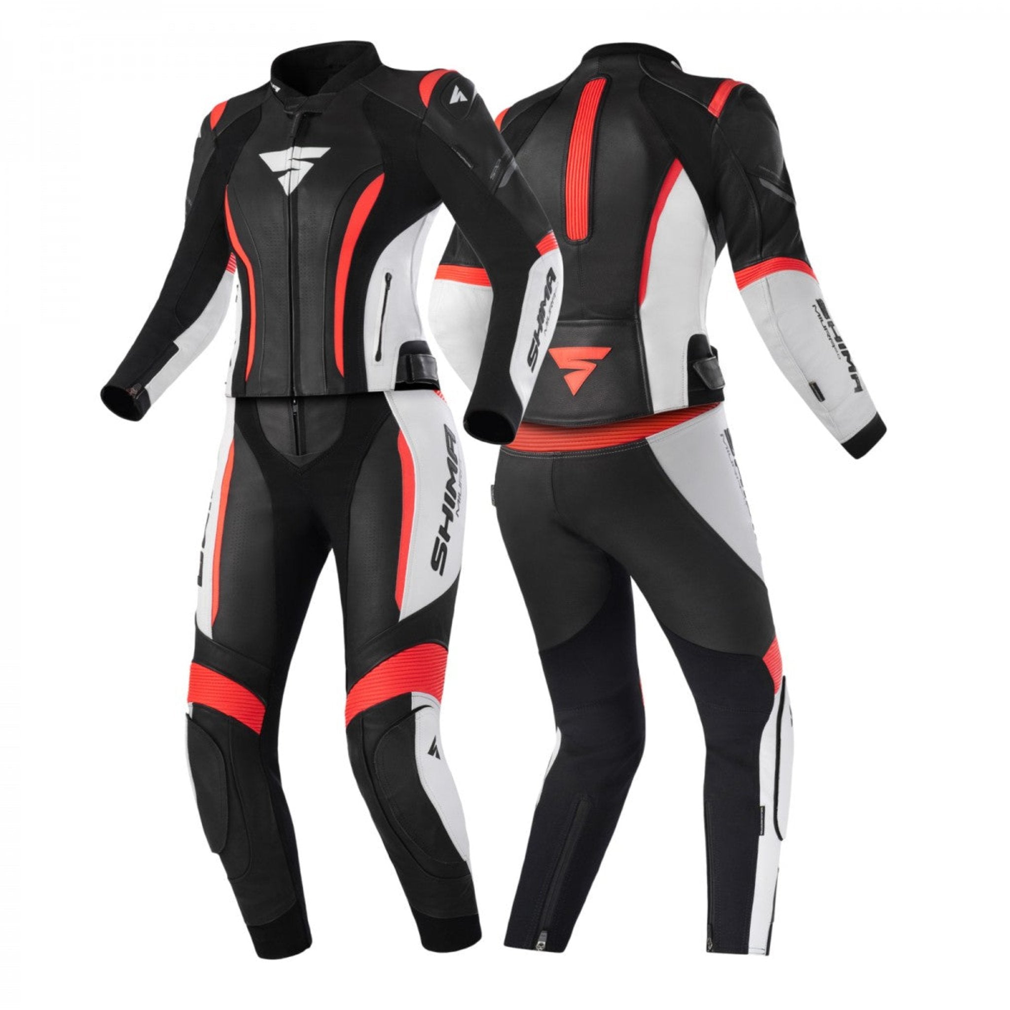 SHIMA MOTORCYCLE LEATHER SUIT IN BLACK FLUO, WHITE AND RED FLUO