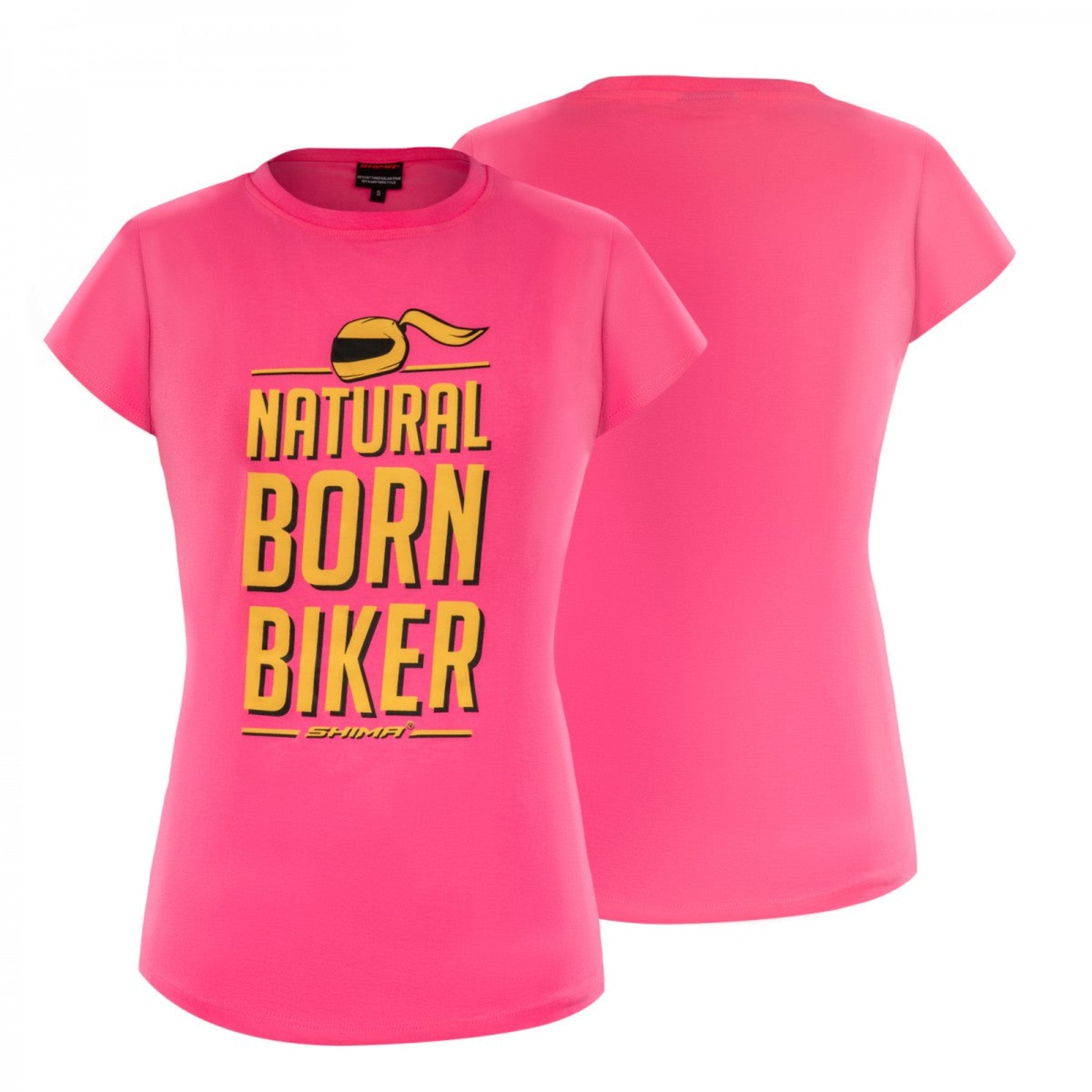 Pink t-shirt from Shima with yellow text "Natural Born Biker" and the back of the pink t-shirt