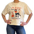 a woman wearing off white/creame colour t-shirt with retro motive that says No bullshit