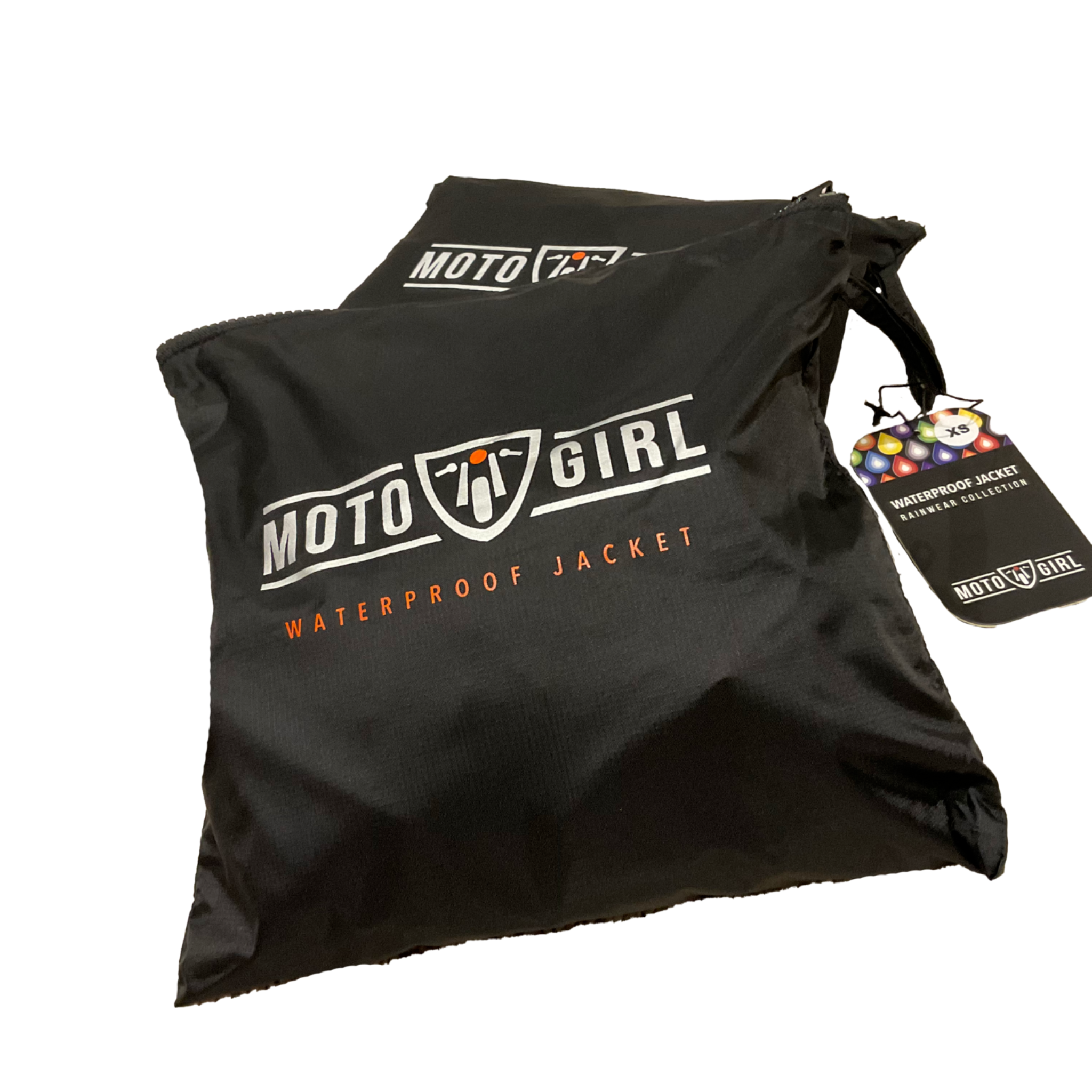 Black waterproof jacket packaging with &#39;Moto Girl&#39; branding on a white background