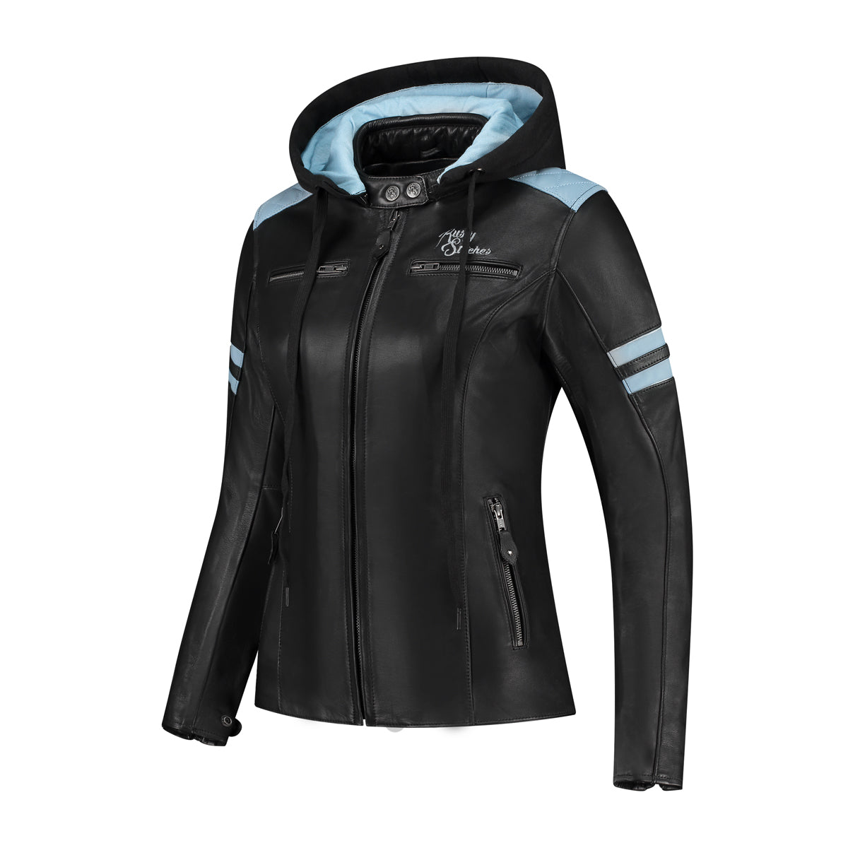 Black and baby blue women's leather motorcycle jacket with the hood from Rusty Stiches 