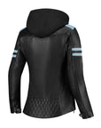 the back of Black and baby blue women's leather motorcycle jacket with the hood from Rusty Stiches