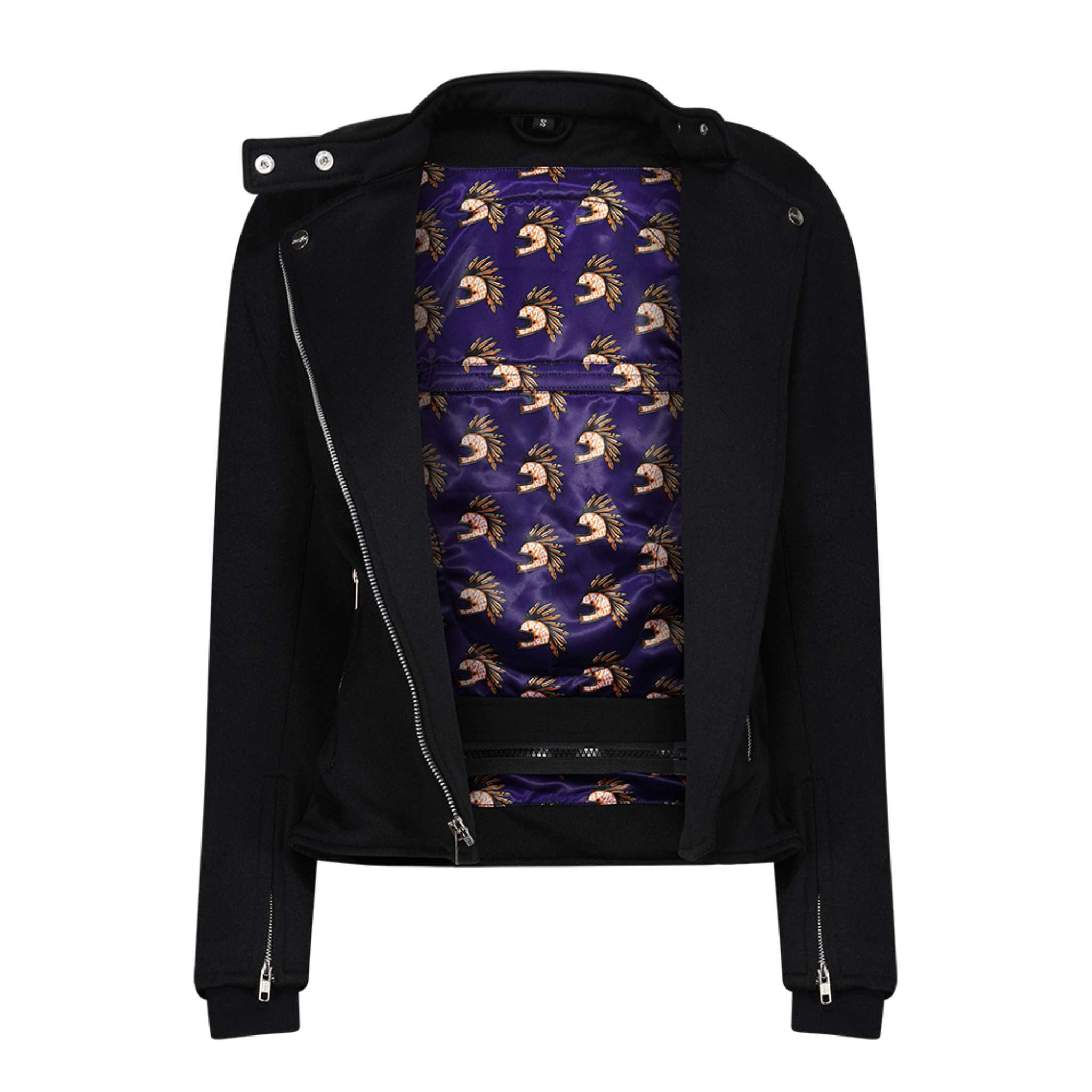 colourful inner lining of a  black retro style woman&#39;s motorcycle jacket with silver zip details 