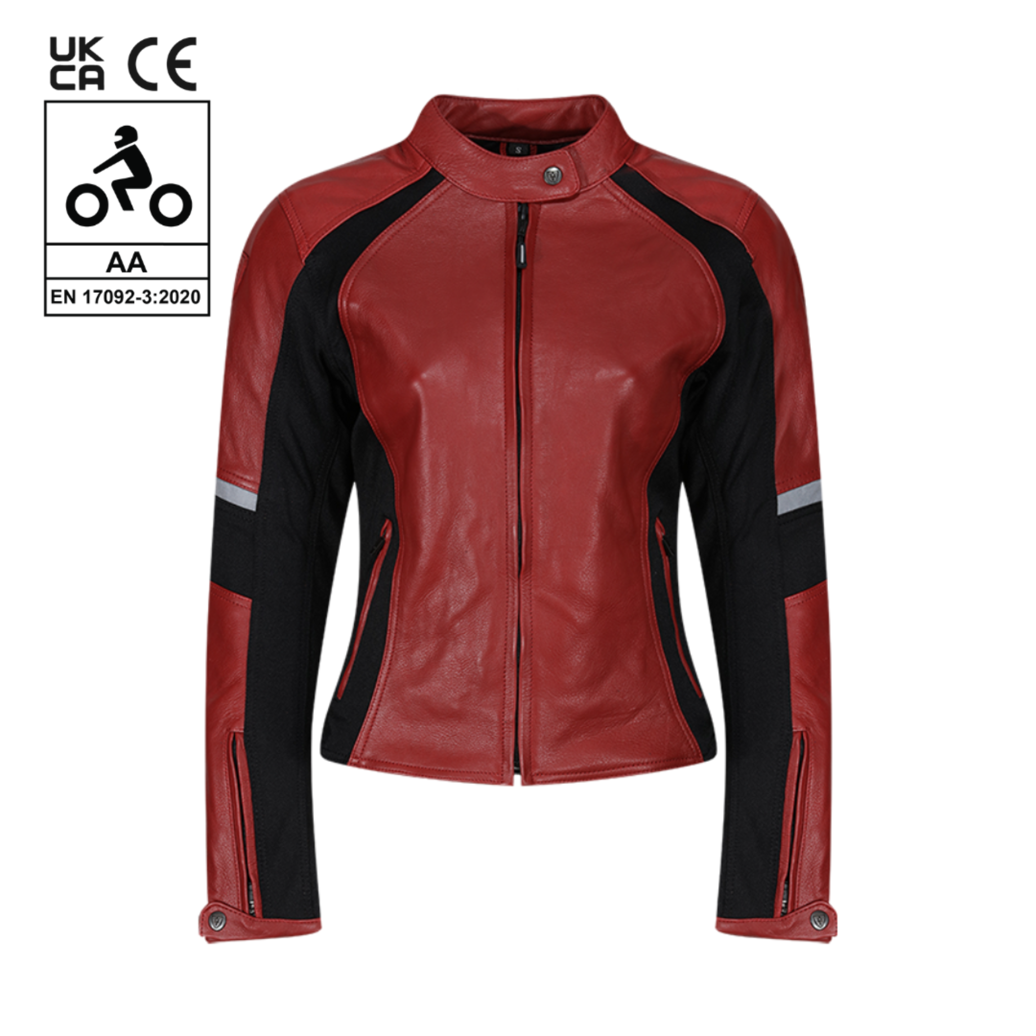 Red leather women&#39;s motorcycle jacket with reflectors on the sleeves from Moto Girl, featuring safety ratings