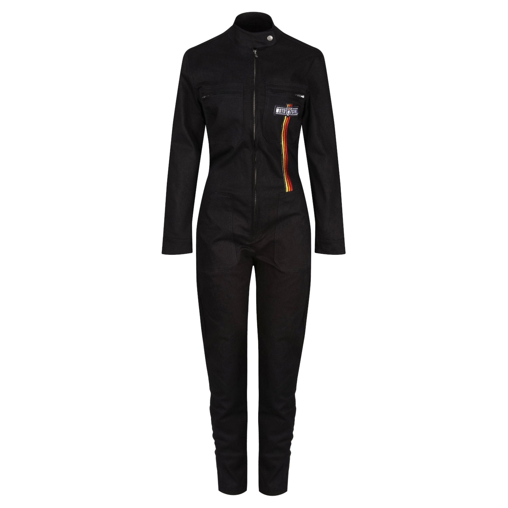 Black garage suit for women from MotoGirl from front and with red, orange and yellow stripe details