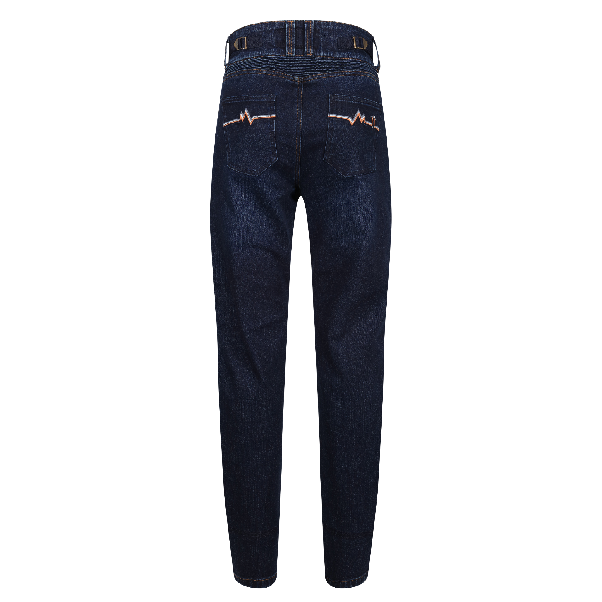 The back of blue  women&#39;s motorcycle jeans with heartbeat detail on the pockets from Moto Girl