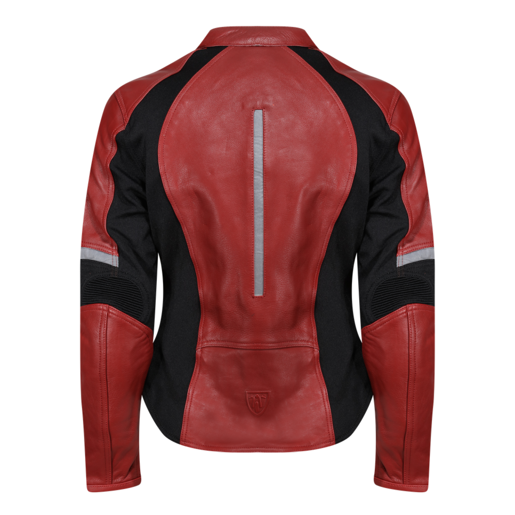 The back of a red leather women&#39;s motorcycle jacket with reflectors on the back and sleeves from Moto Girl.