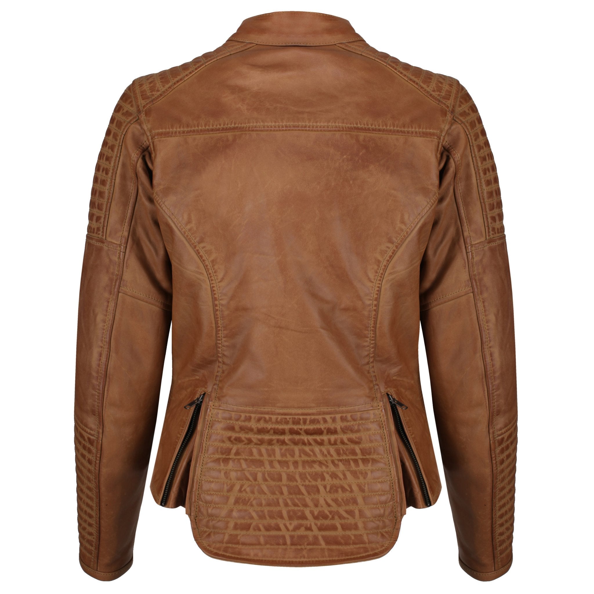 the back of camel leather Valerie jacket from moto girl with zipper detail in lower back