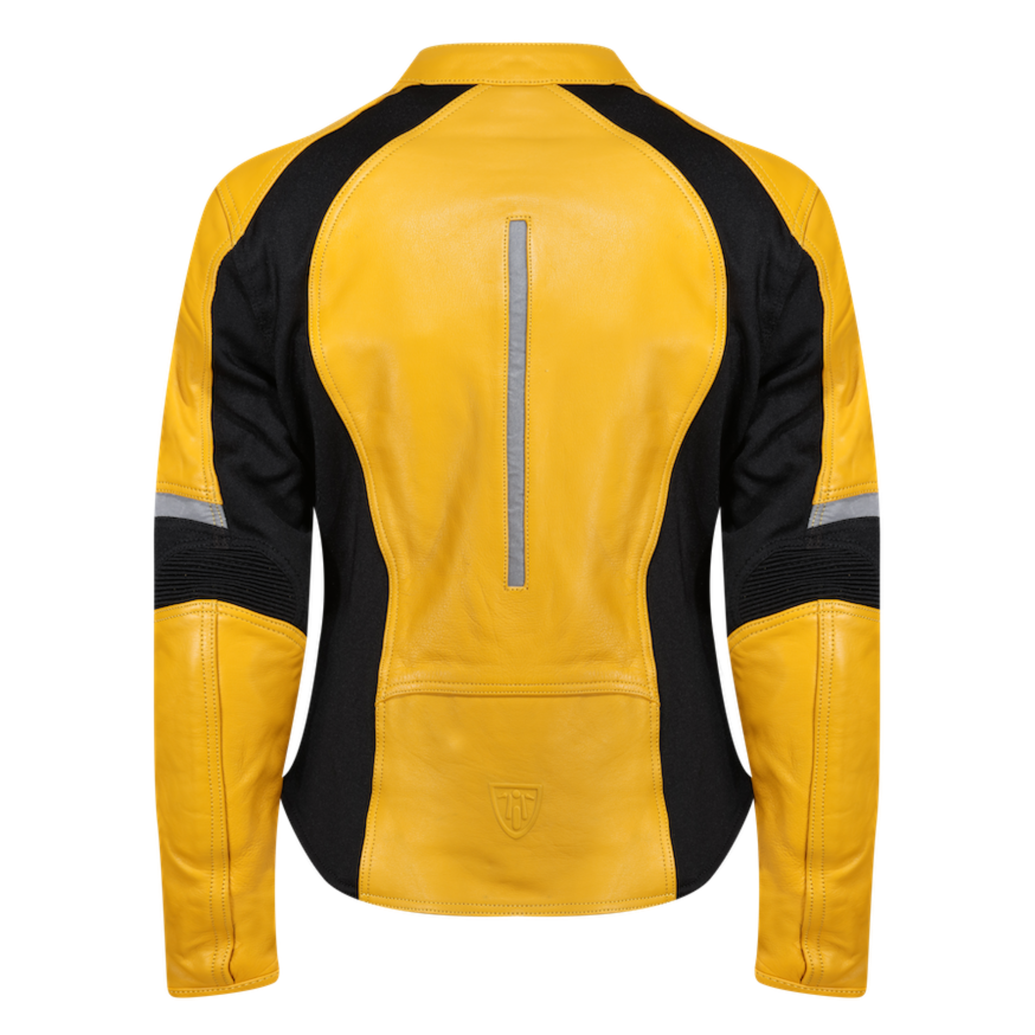 The back of a yellow leather women&#39;s motorcycle jacket with reflectors on the back and sleeves from Moto Girl