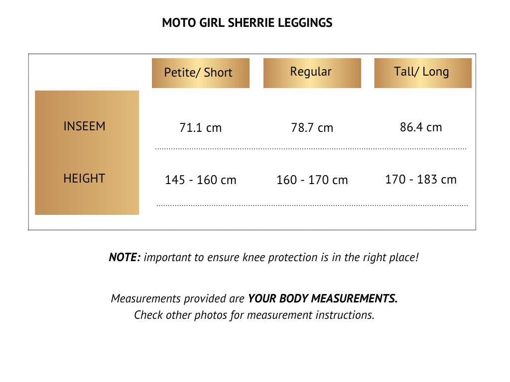 Size chart for female motorcycle  leggings Sherrie from MotoGirl